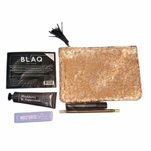 6 pc Ipsy Gold Sequence Small Makeup Bag with Skincare and Makeup Set